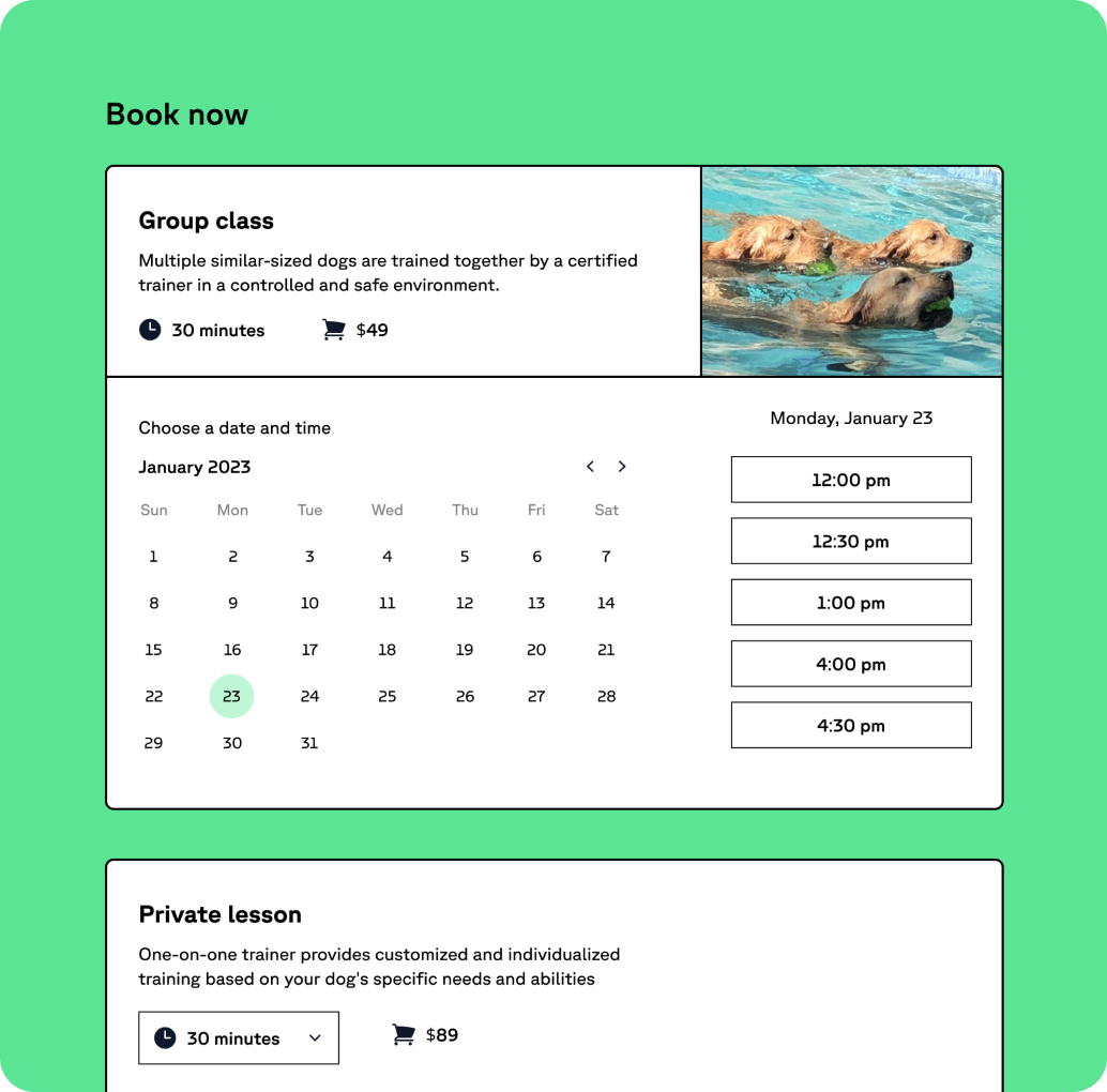 Group class booking with calendar